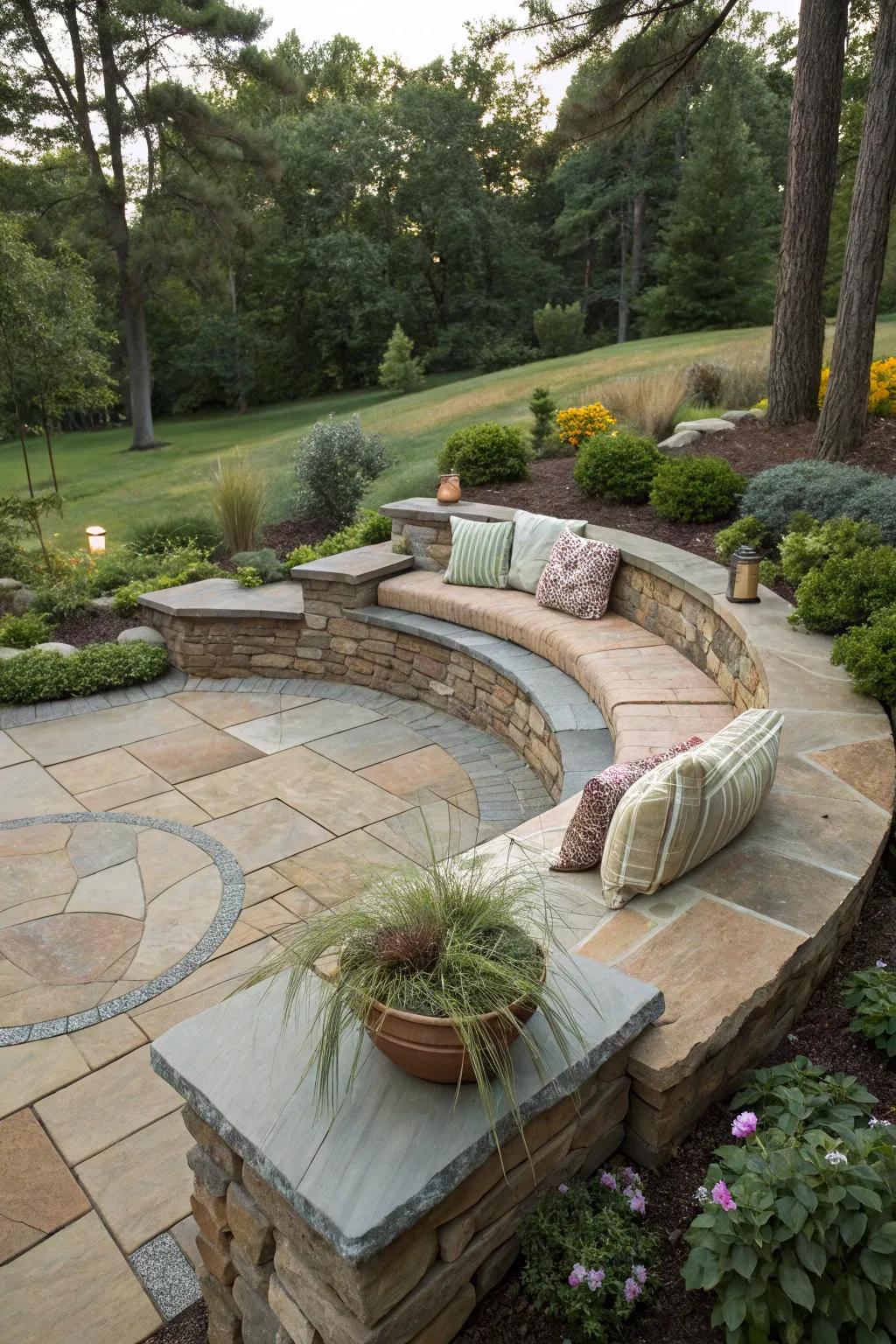 Built-in seating transforms uneven surfaces into functional and charming outdoor areas.