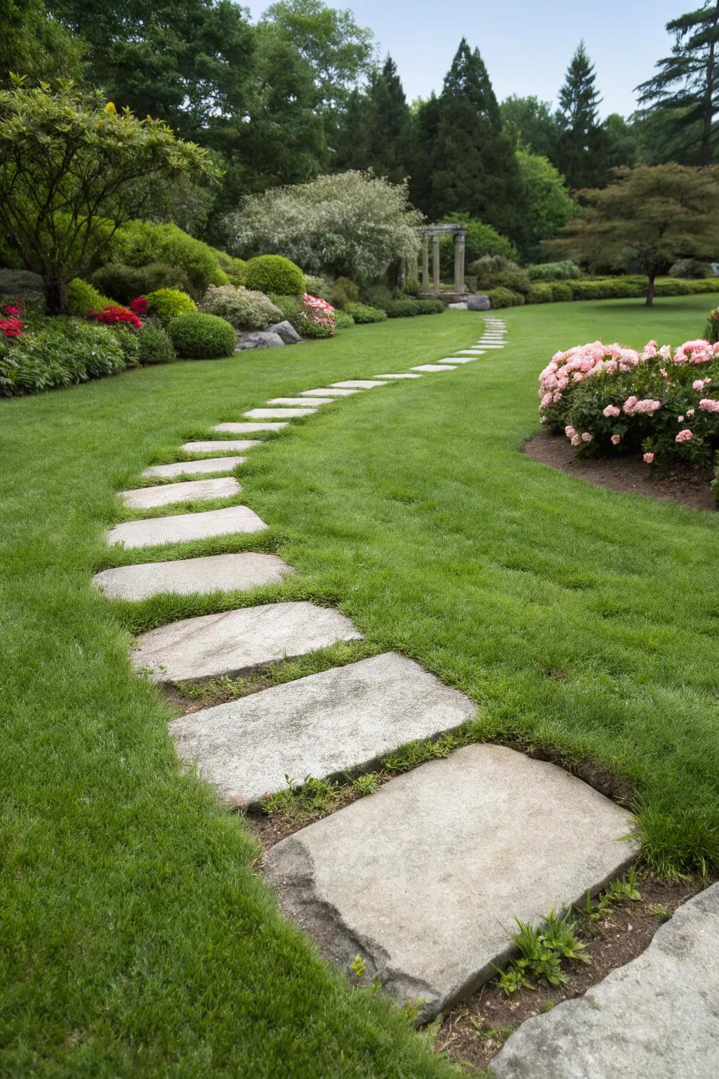Walkway tiles atop turf construct a harmonious route that entices exploration.
