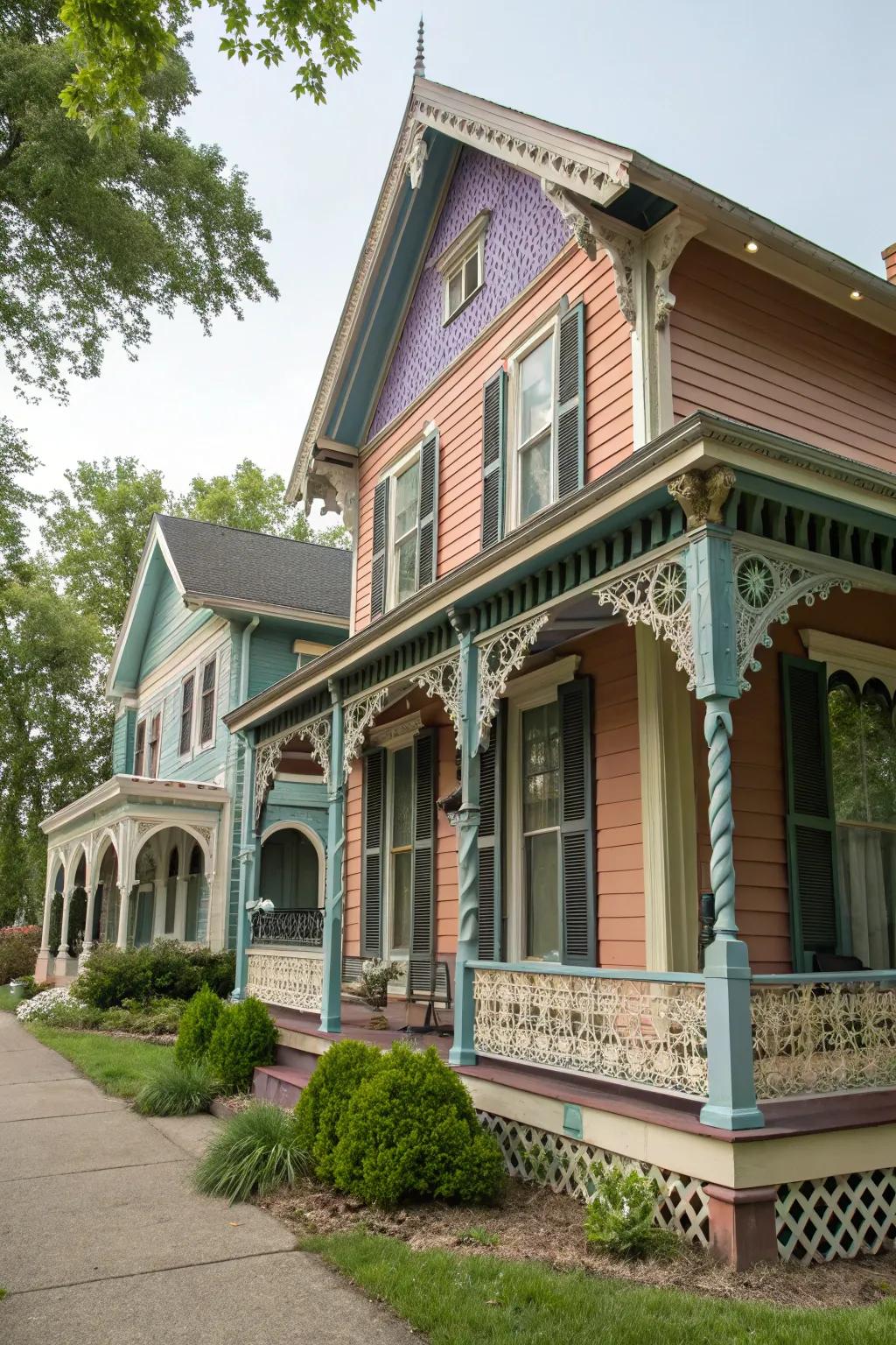 A traditional home with colorful shutters and unique architectural details.