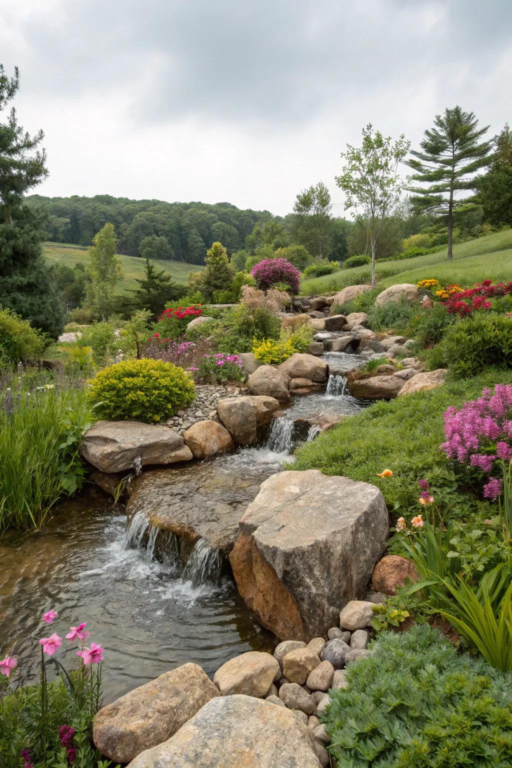 Inherent stone formations fashion a peaceful garden getaway.
