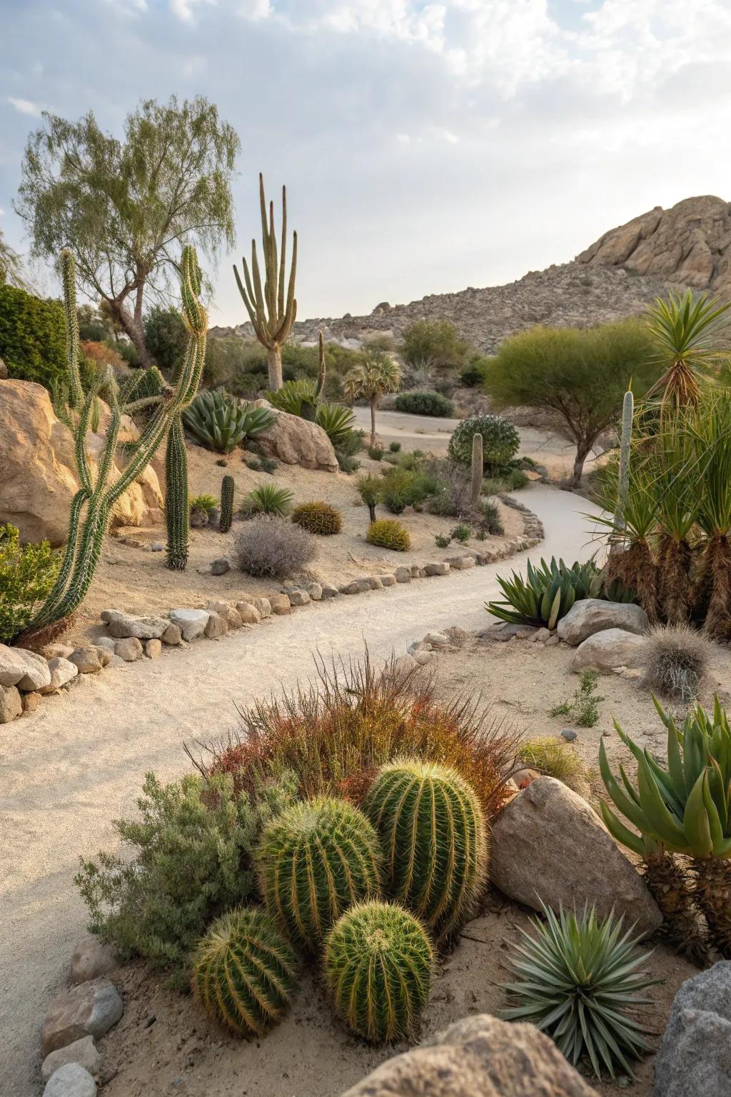 Desert landscaping with sand and succulents for a unique garden.