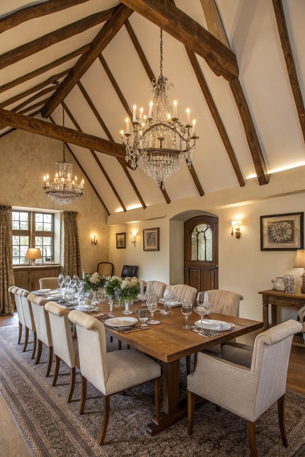 Inherent refinement is showcased with visible timber beams on a vaulted ceiling.