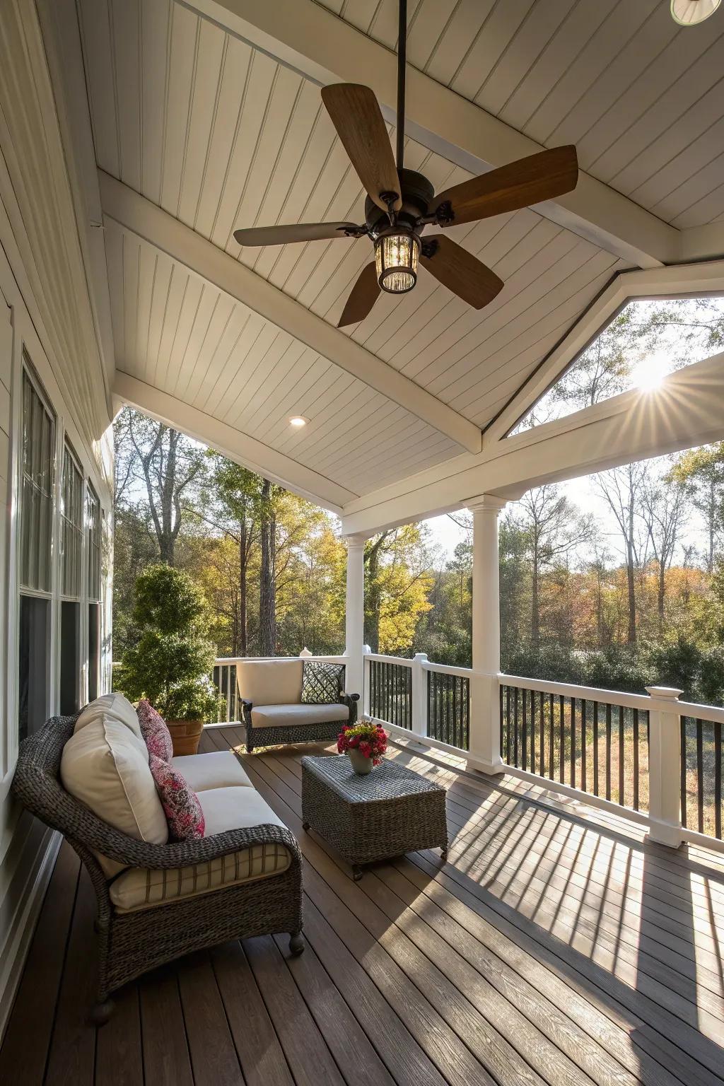 Stay cool and stylish with a ceiling fan on your porch.