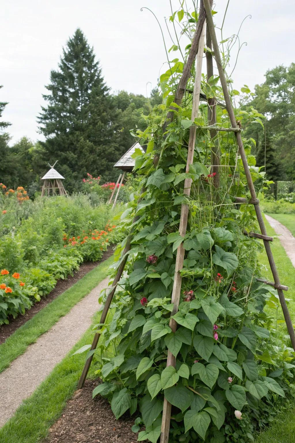 A-frame trellises create a beautiful green tunnel.
