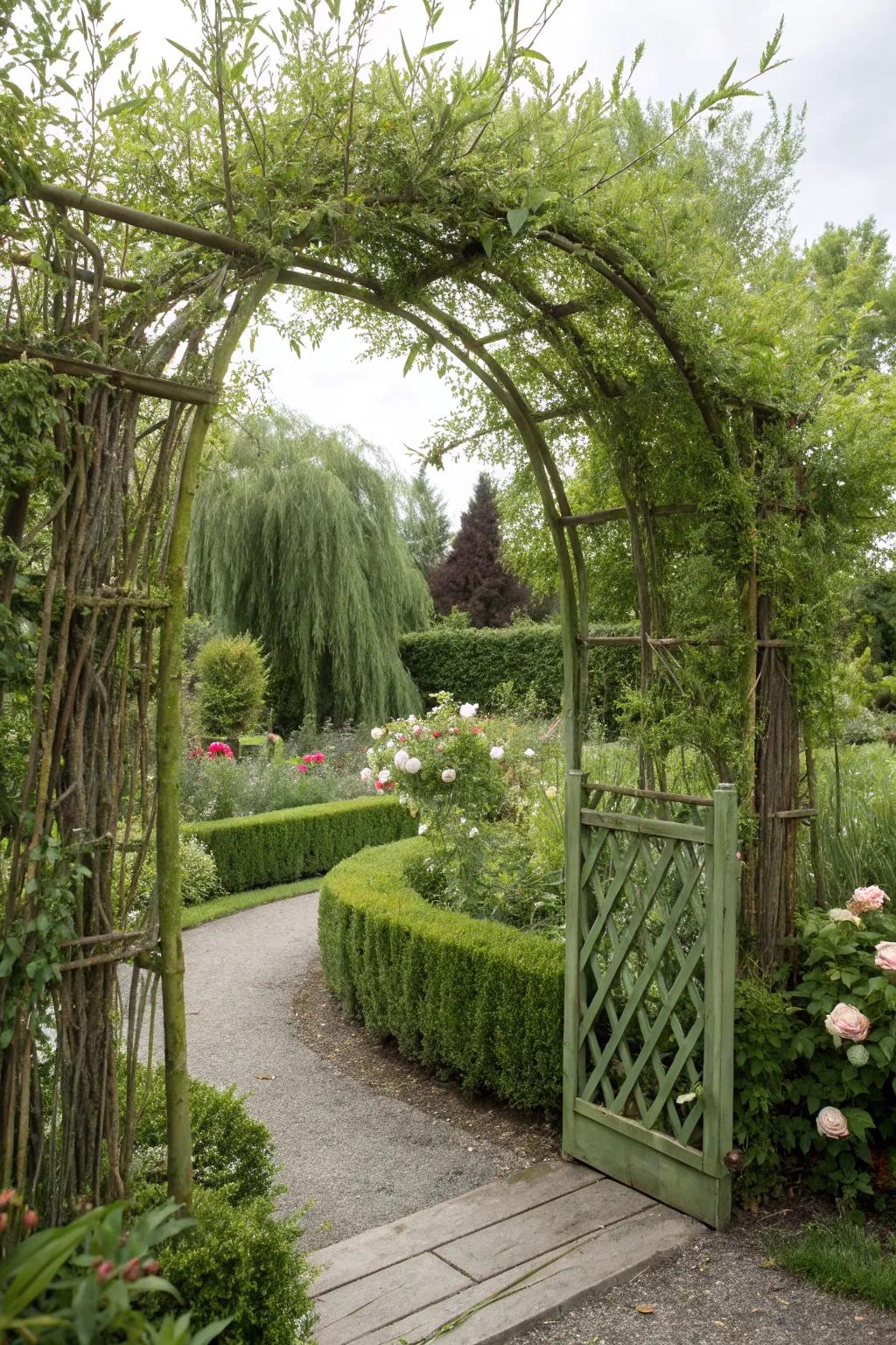 An evergreen twig gate harmonizing beautifully with its natural setting.