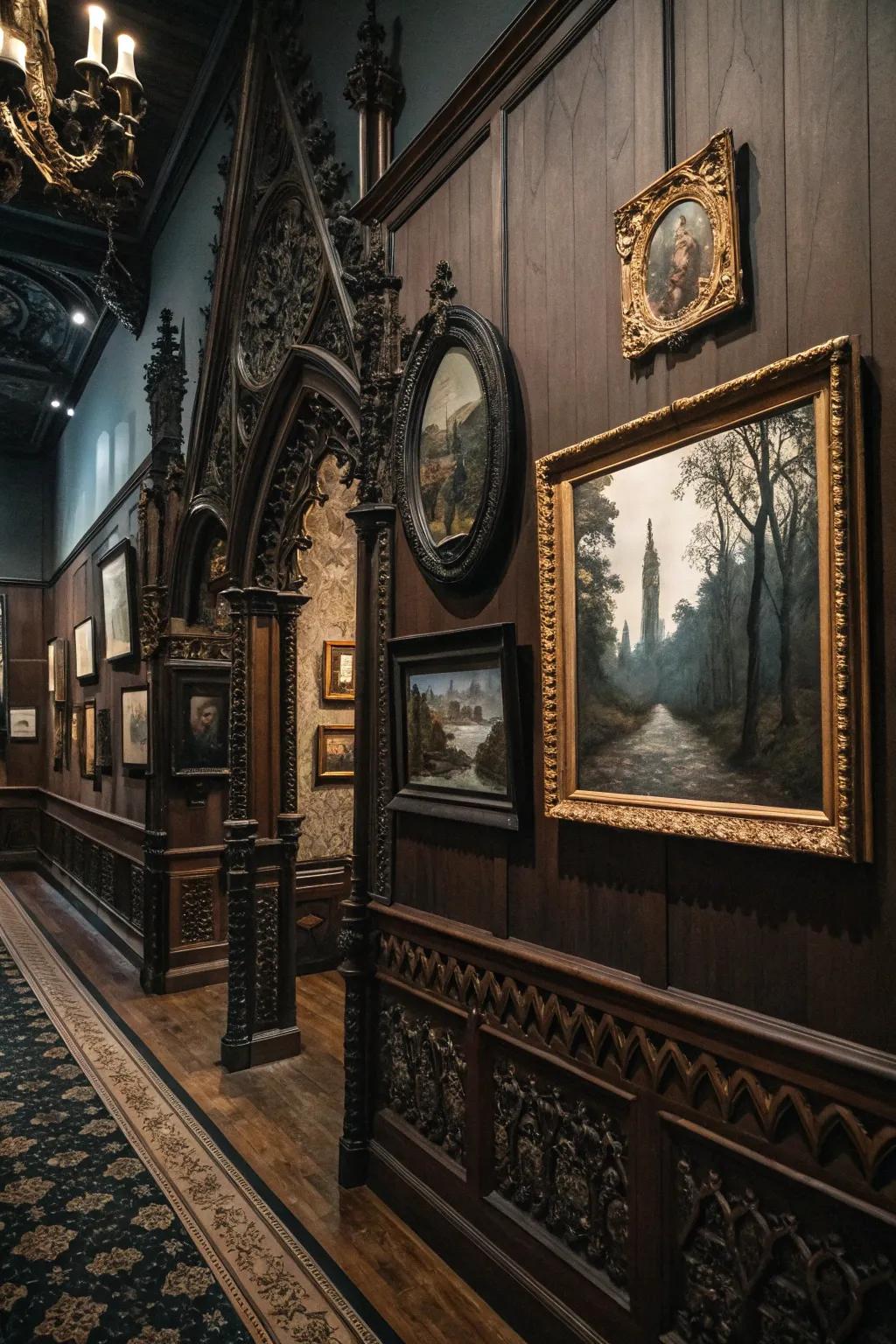 Wall art and reflecting surfaces fashion a captivating gallery partition.