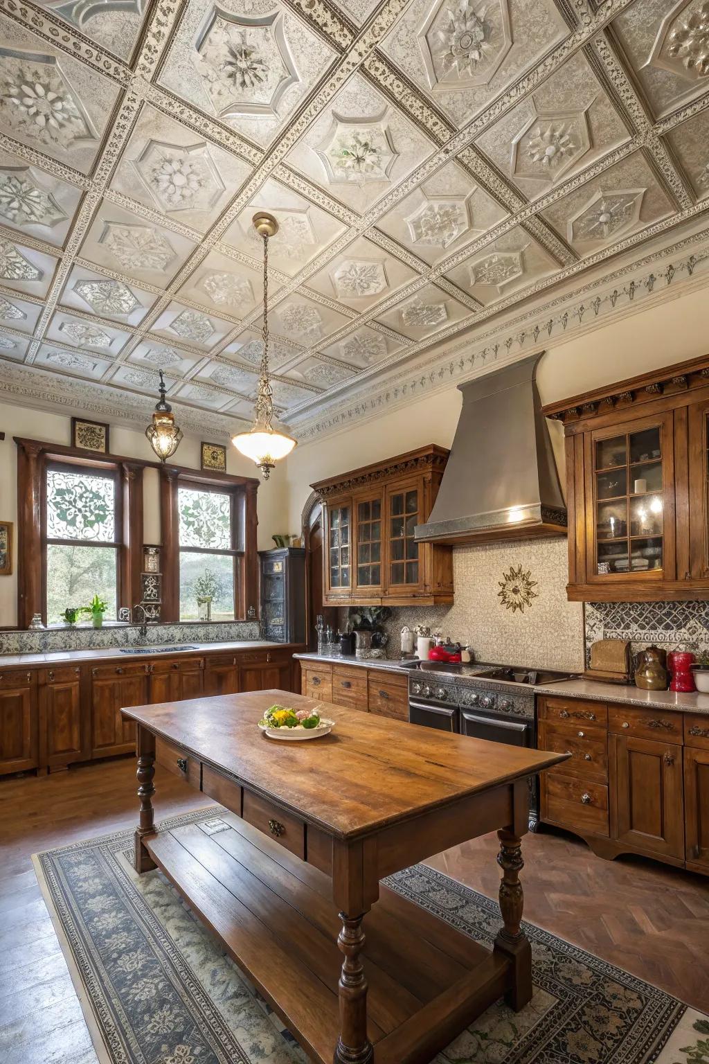 Intricate overhead details heighten the Victorian kitchen ambiance.