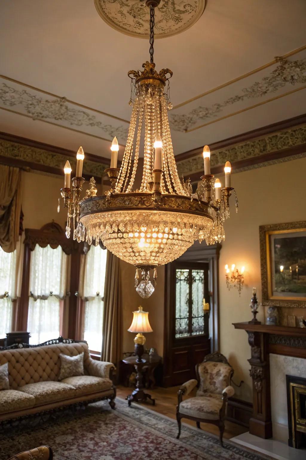 This ornate chandelier serves as a dazzling focal point in the living room.