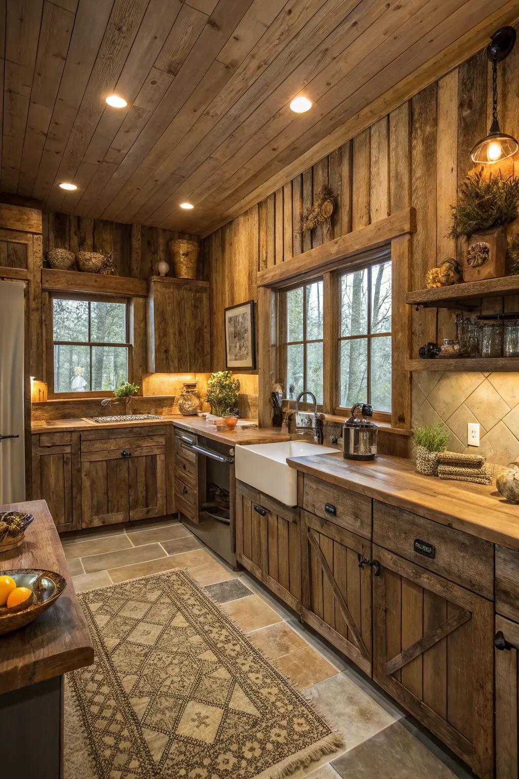 Create an earthy ambiance with rustic wood wainscoting