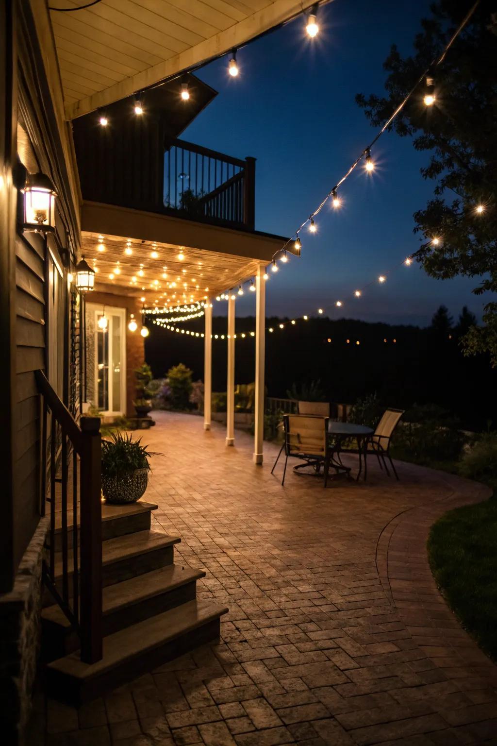 A walkout basement patio illuminated with enchanting smart lighting.