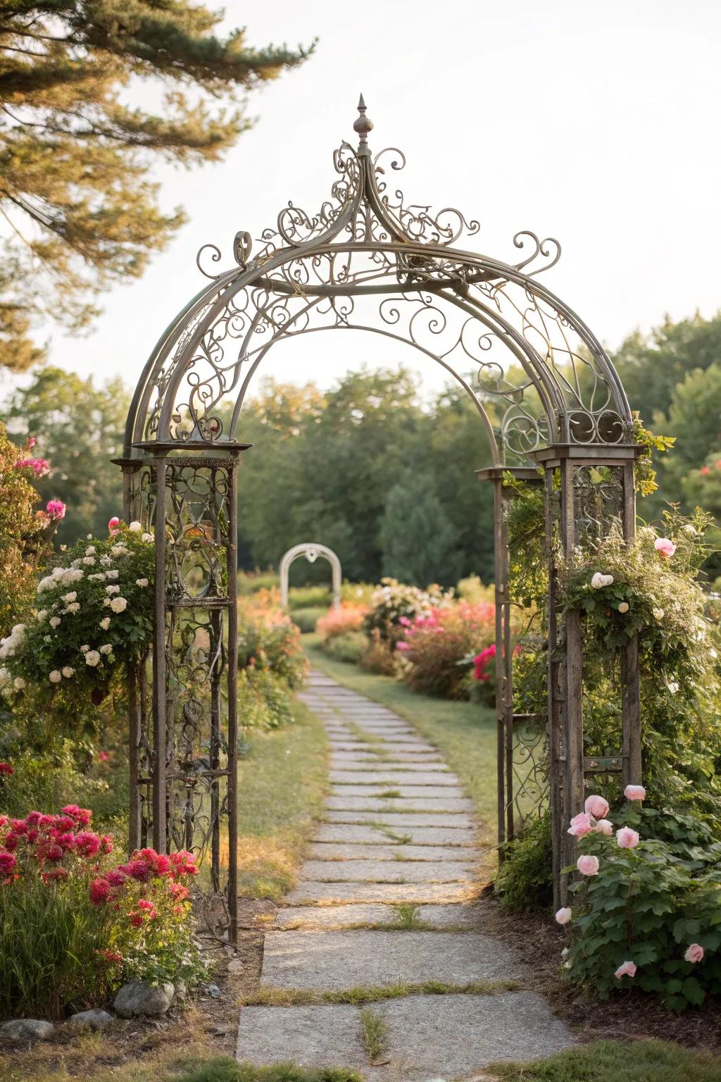 Antique iron arches evoke a sense of eccentricity and historical depth within your garden.