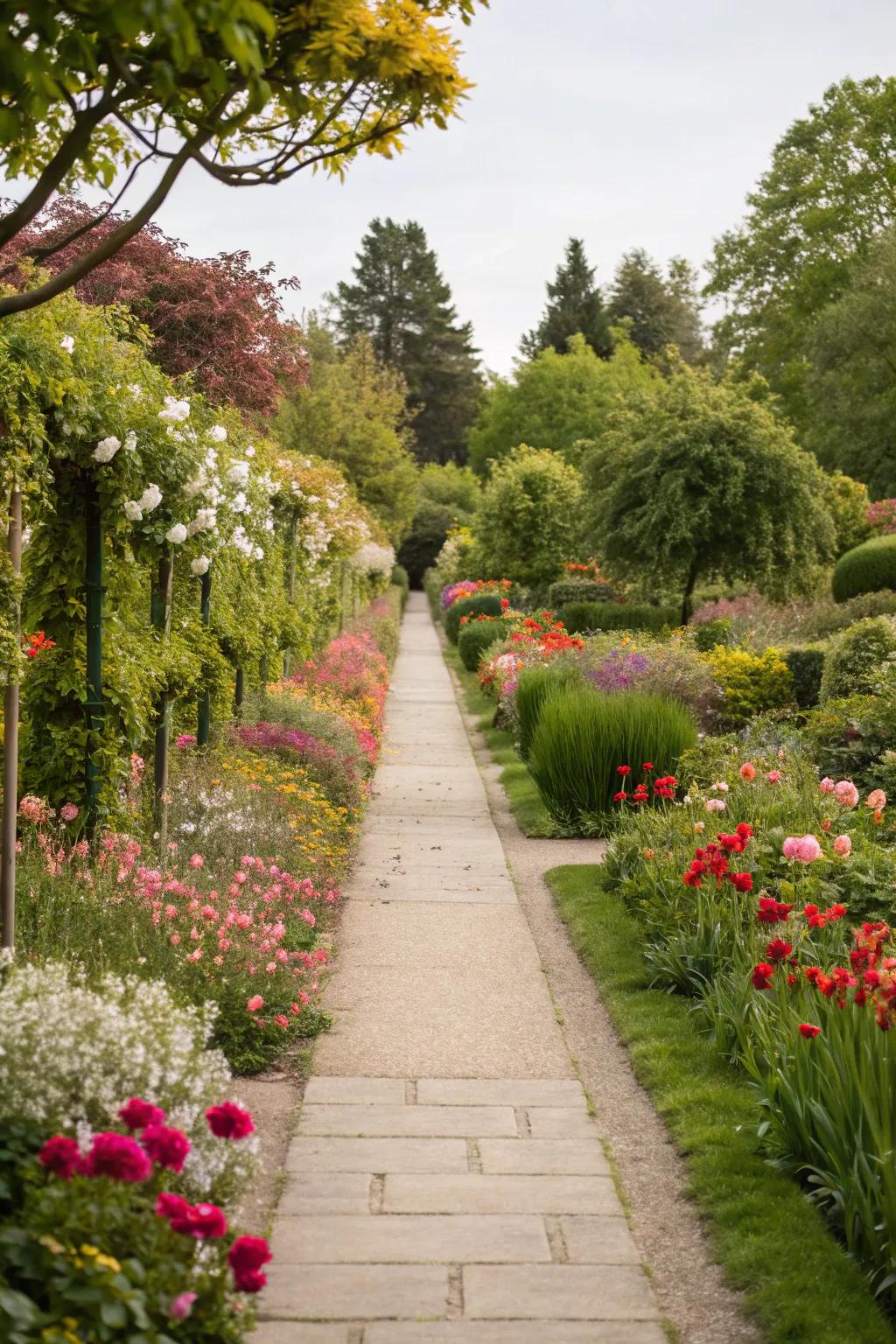 Unify your walkway with garden beds for harmonious charm.