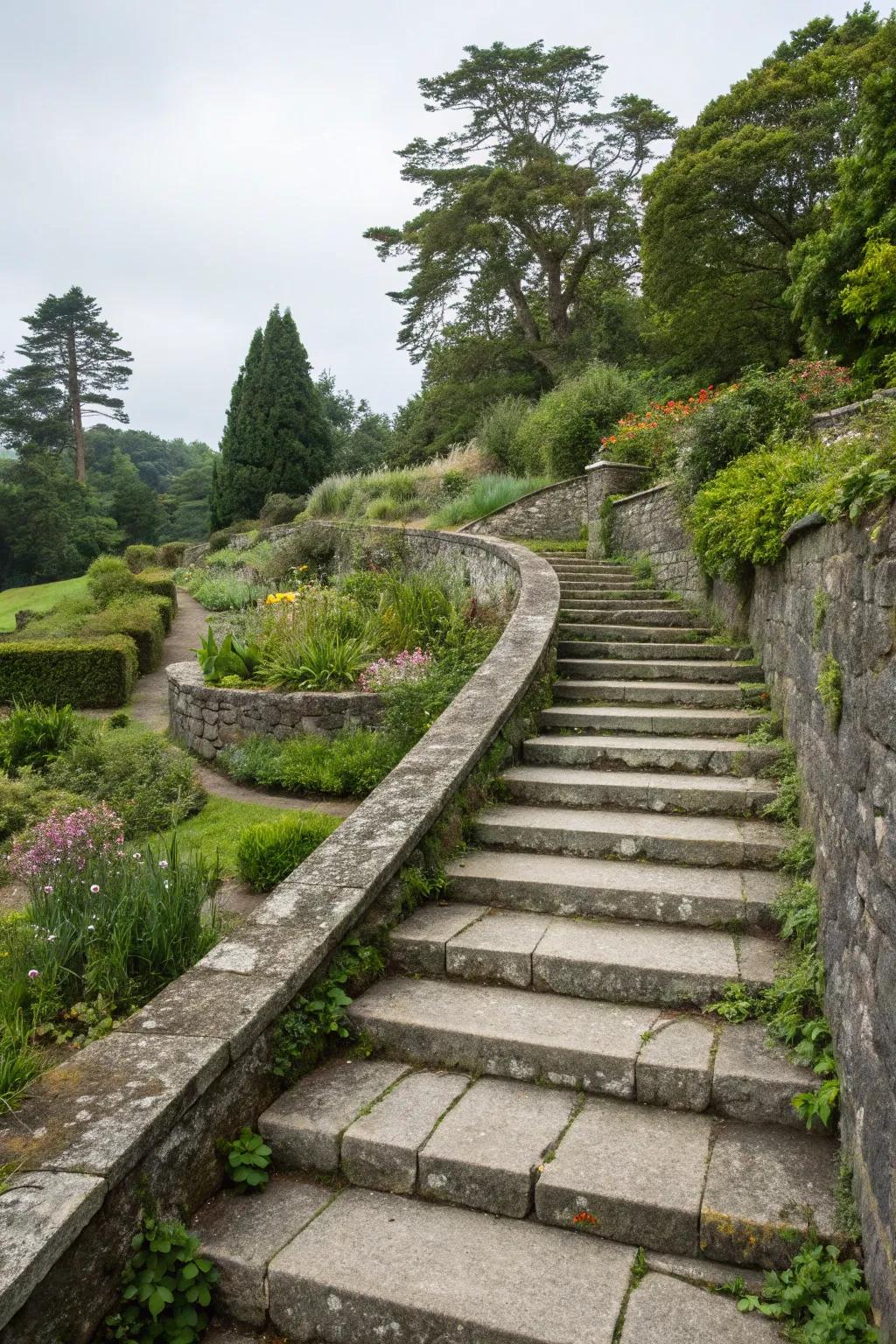 A stepped walkway that adds dimension and elegance to a tiered garden landscape.