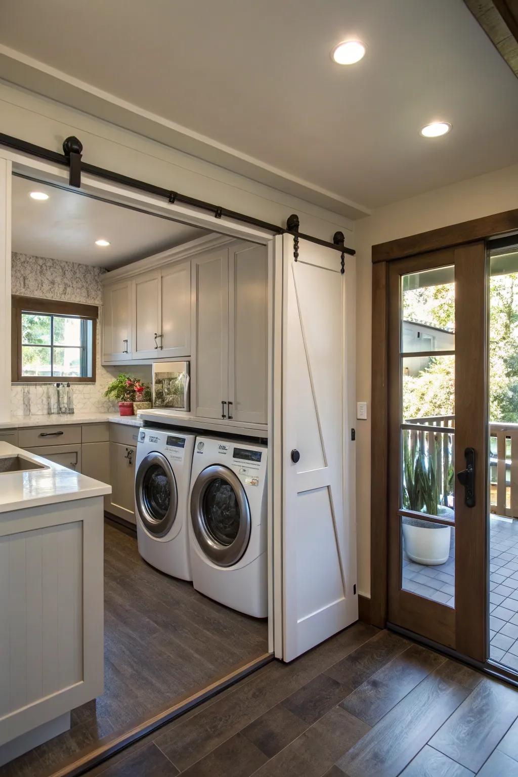 Pocket doors elegantly hide the washer and dryer in the kitchen.