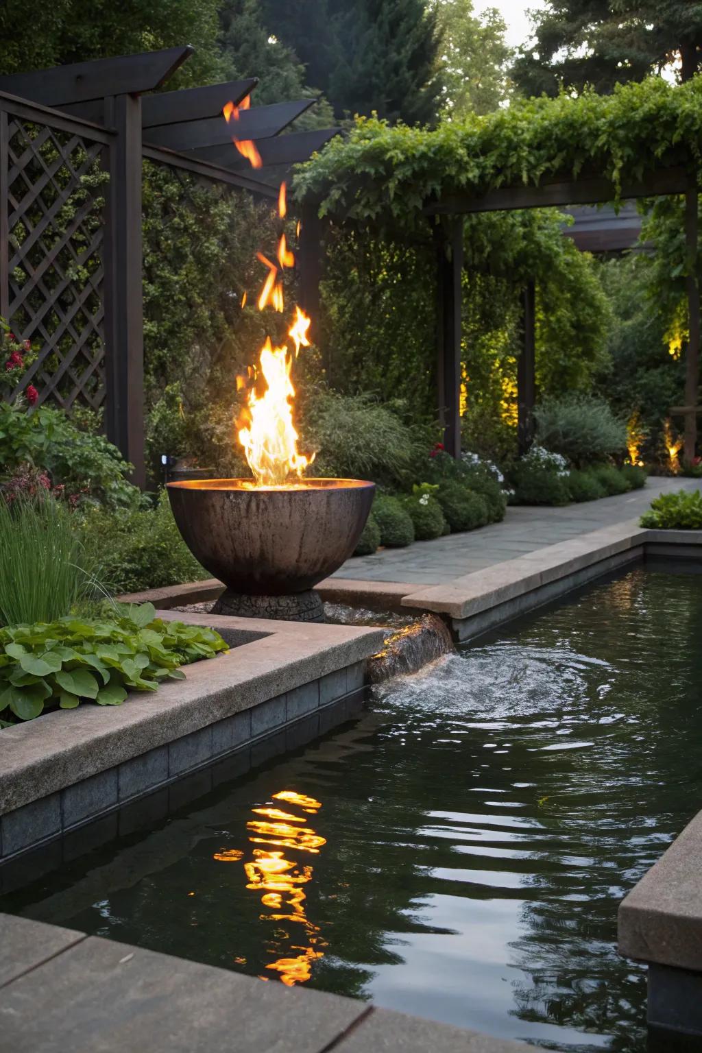 The synergy of fire and water creates stunning focal points in exterior spaces.