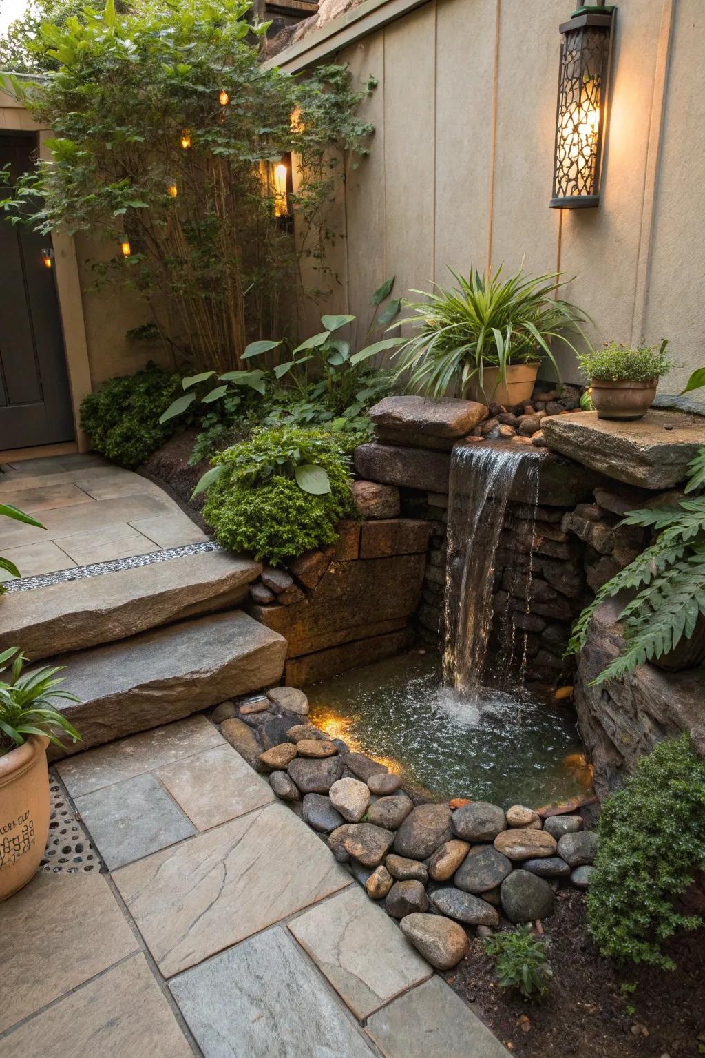 A diminutive, captivating stone cascade gracing an intimate patio space.