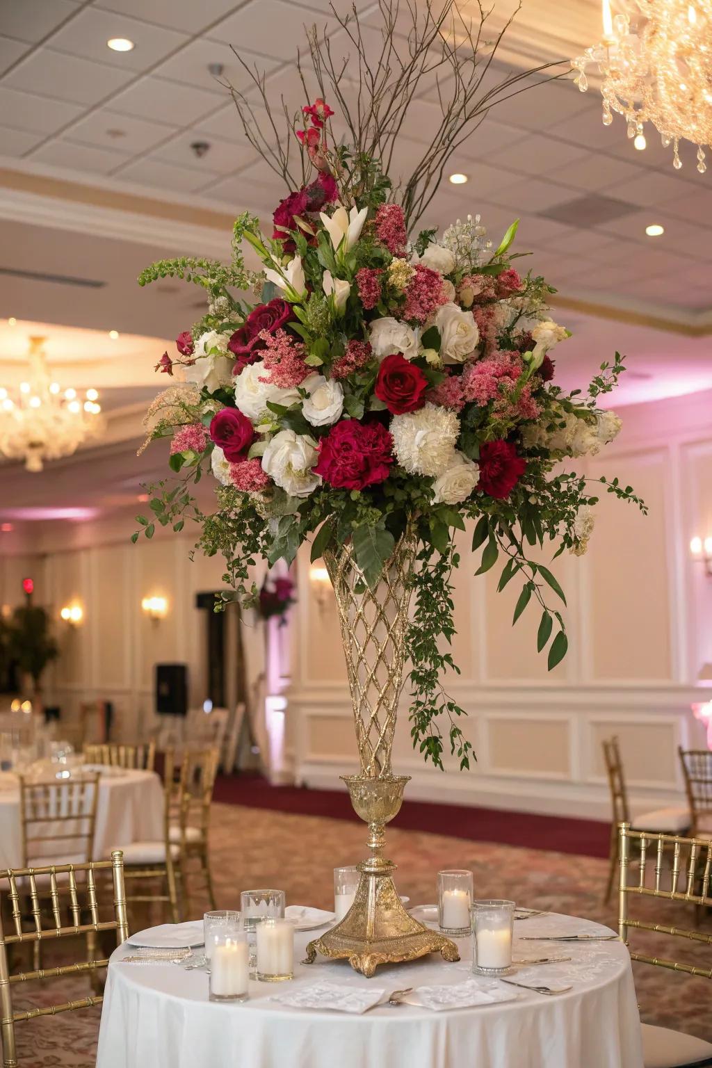 A grand floral centerpiece, adding theatrics and refinement to the wedding site.