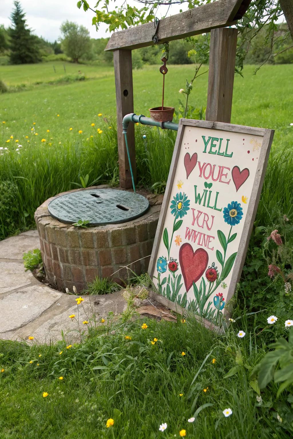 A playful sign turns this well cover into a garden conversation starter.