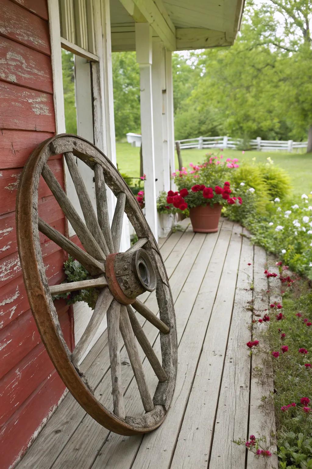 A carriage wheel enhances genuine western character.