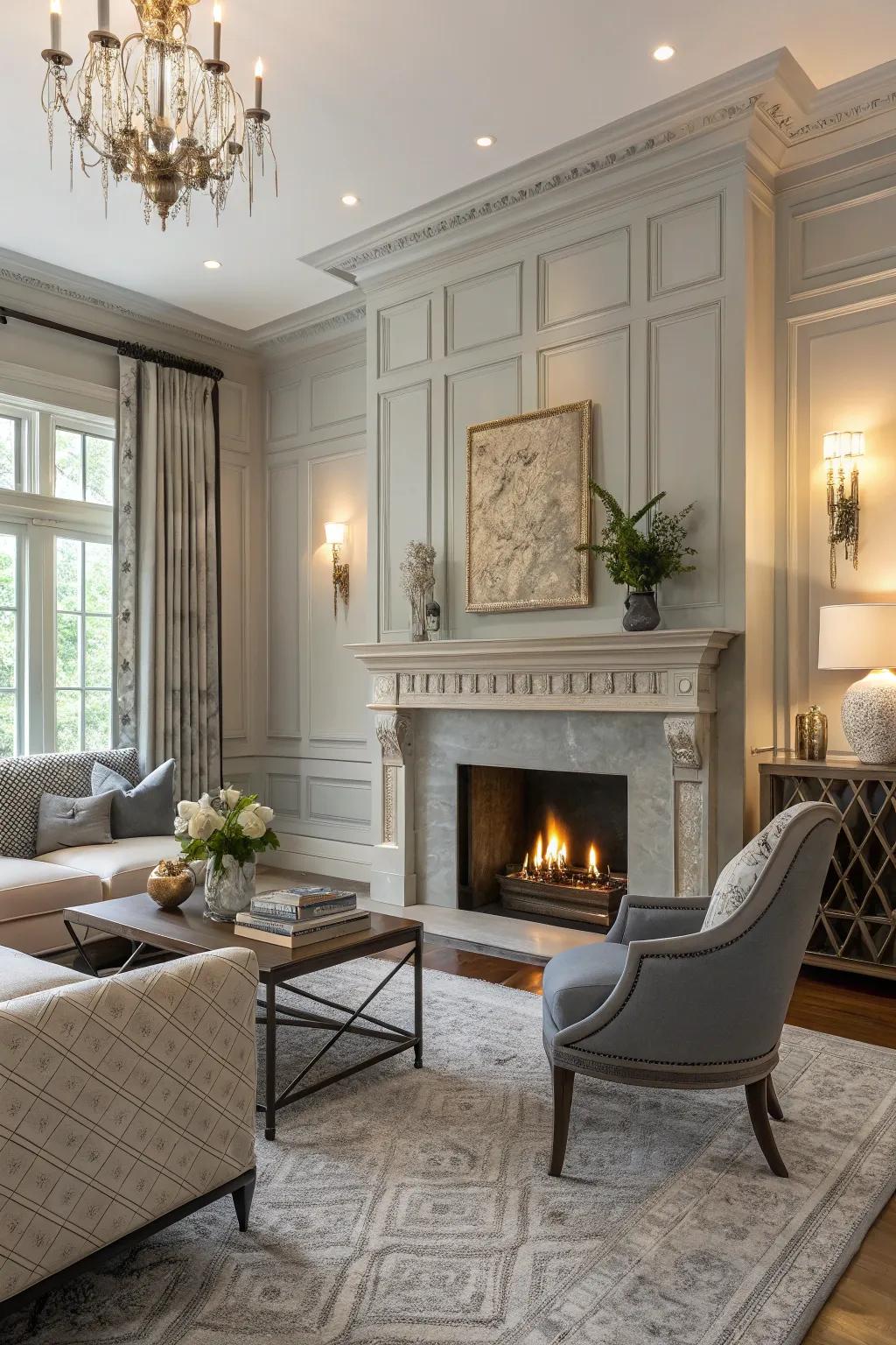 A subtle gray fireplace that enhances the elegance of this living space.