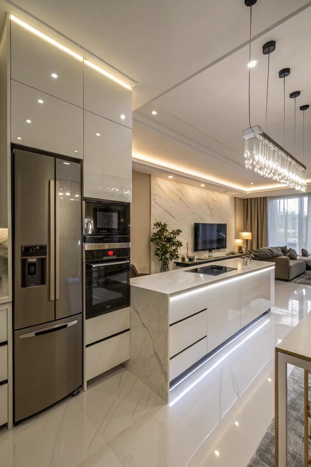 High-gloss countertops add a touch of modern glamour to any kitchen.