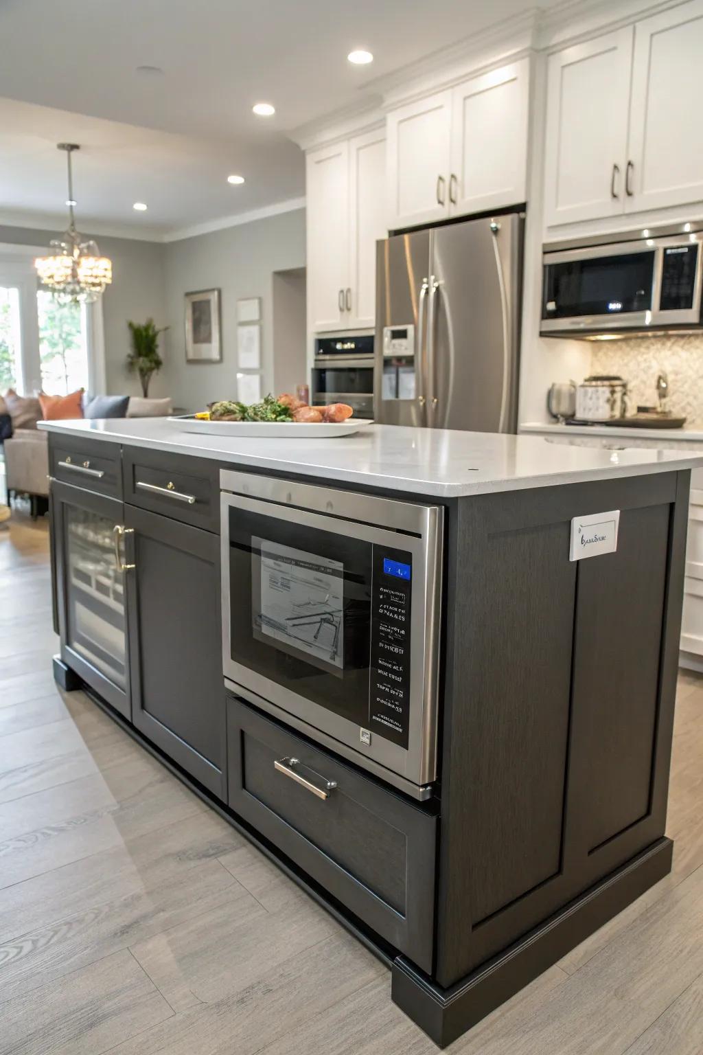 A kitchen island featuring an integrated speed oven enriches flow and usability.