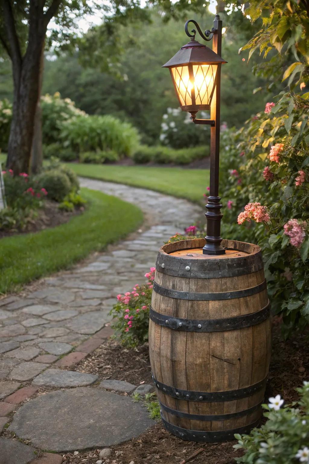 A country-style cask light standard brightening a garden route.