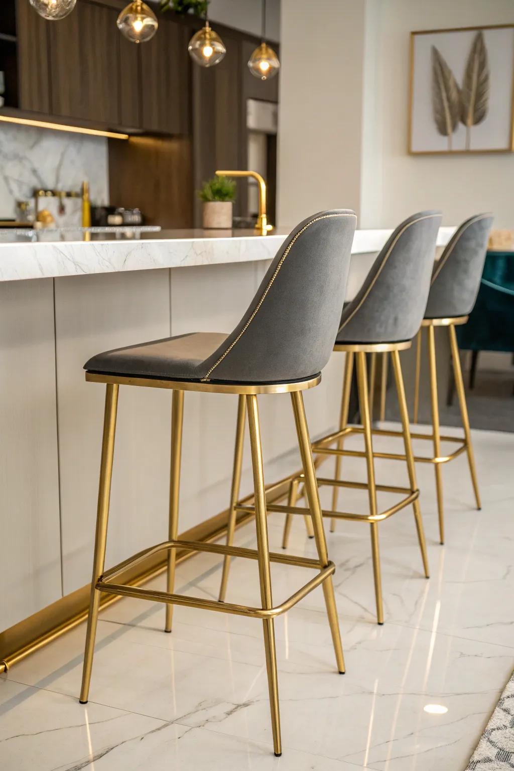 Bar stools with gold accents add style and cohesion.