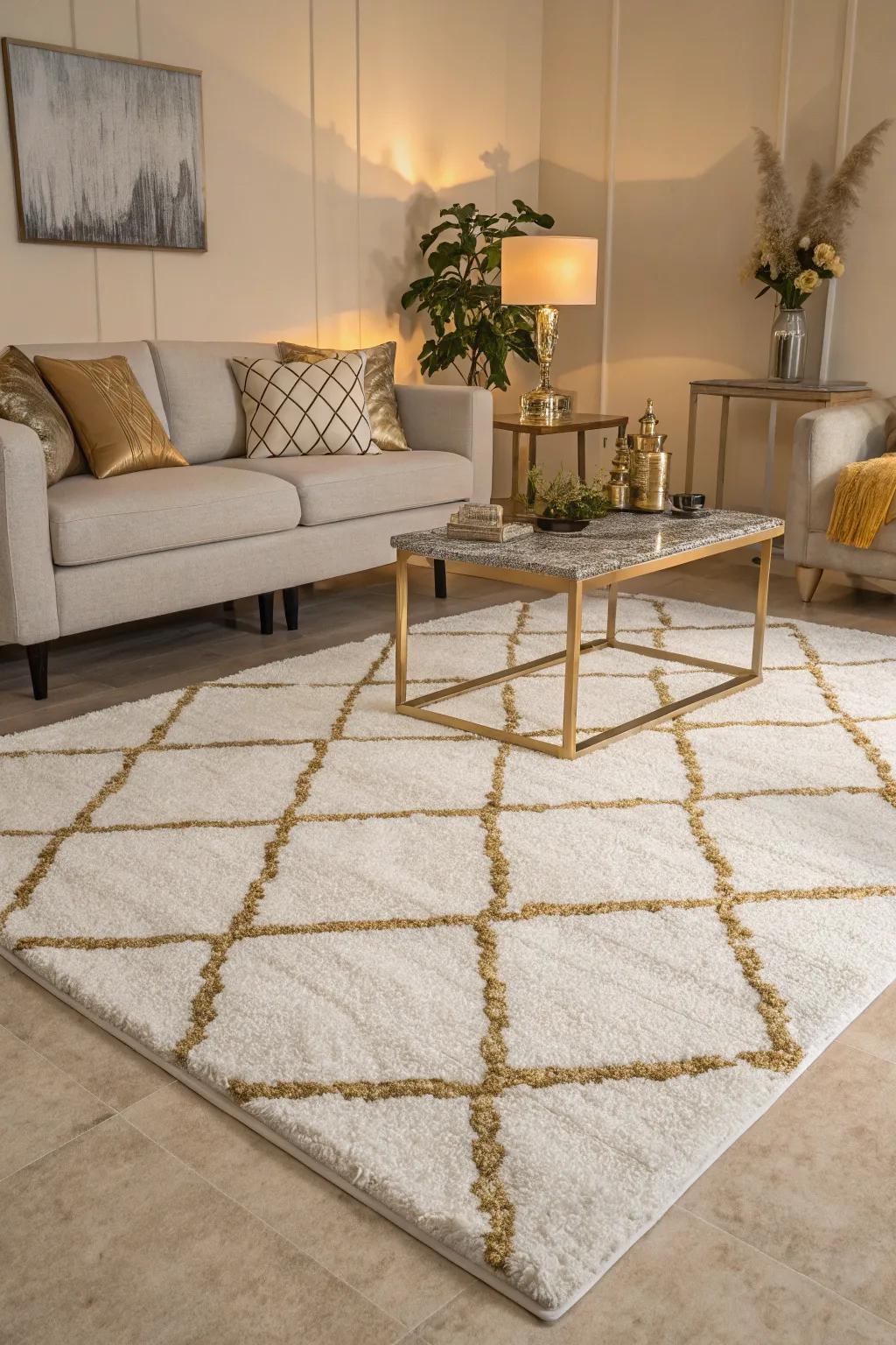 Textured rugs in white and gold add warmth and define the living area.