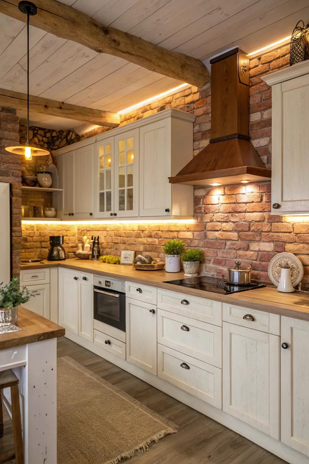 An earth tone brick backdrop radiating a cozy aura in a kitchen featuring white cabinets.