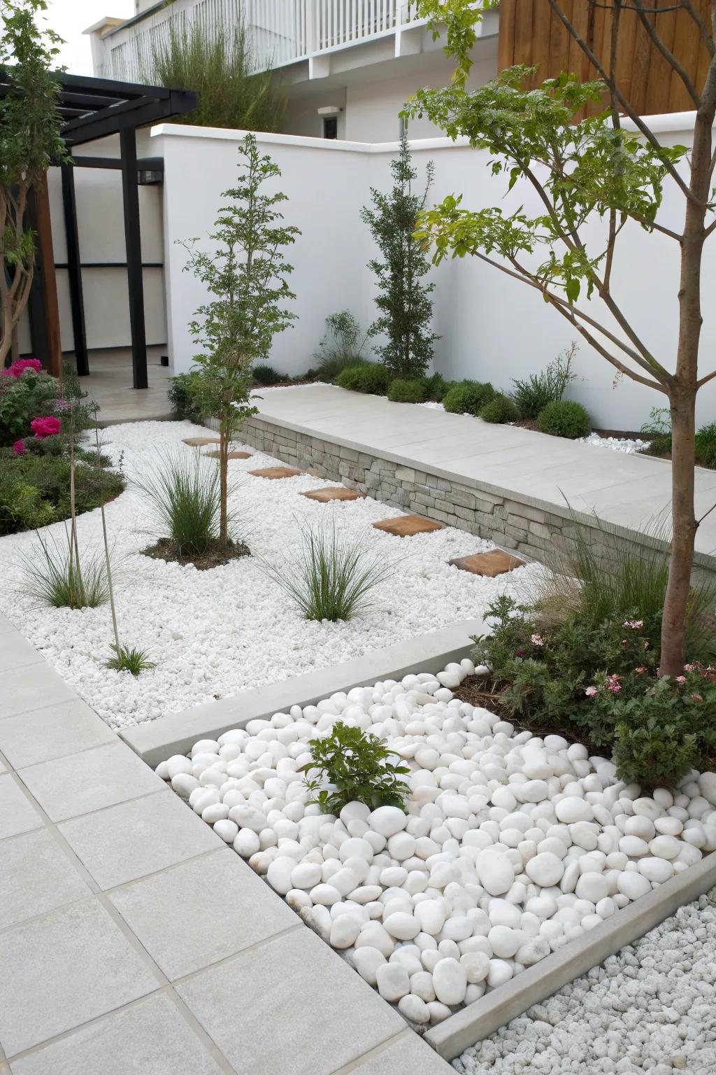 White pebbles introduce a touch of modern minimalism to the garden.