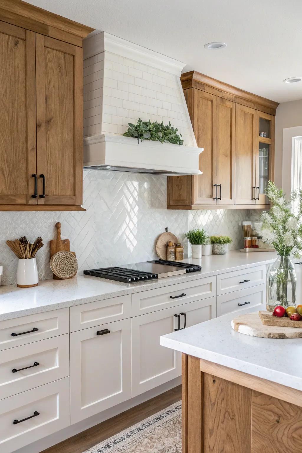 Pale mineral backsplash paired alongside genuine lumber for a warm kitchen design.