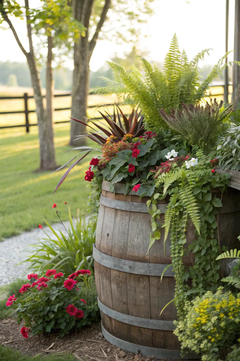 Layered plants create depth in a wine barrel planter.