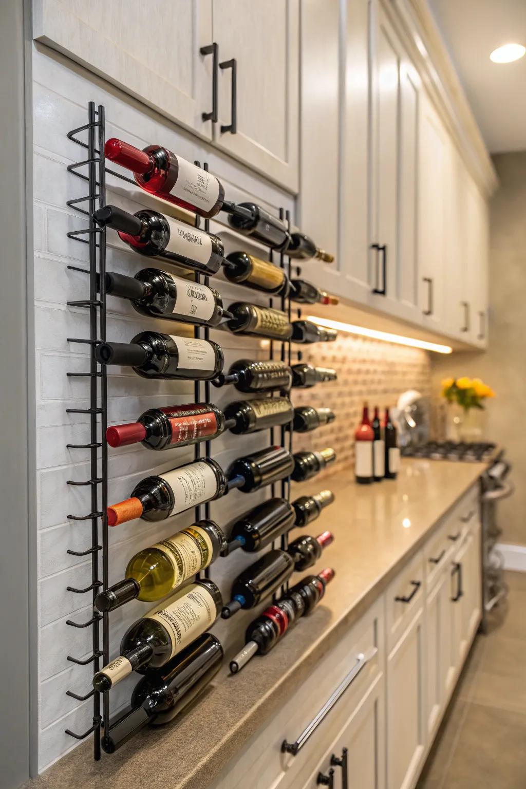 Wall-mounted racks transform wine storage into a visual delight.