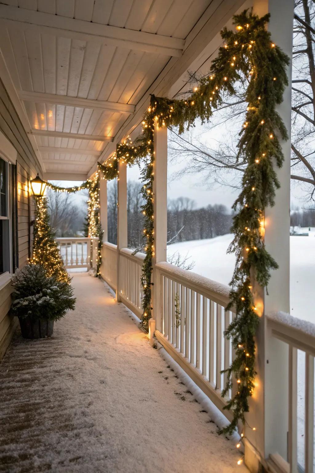 Twinkling lights intricately woven through garlands on a winter porch.