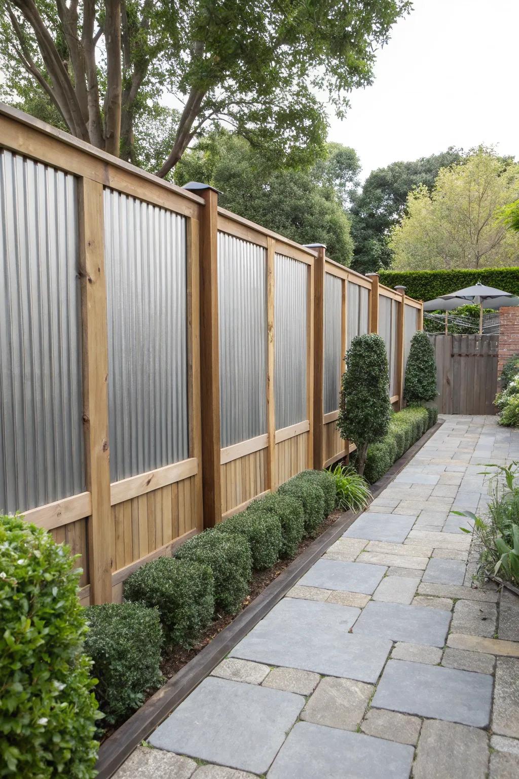 A countryside-modern fence styled with grooved metal and timber casings.