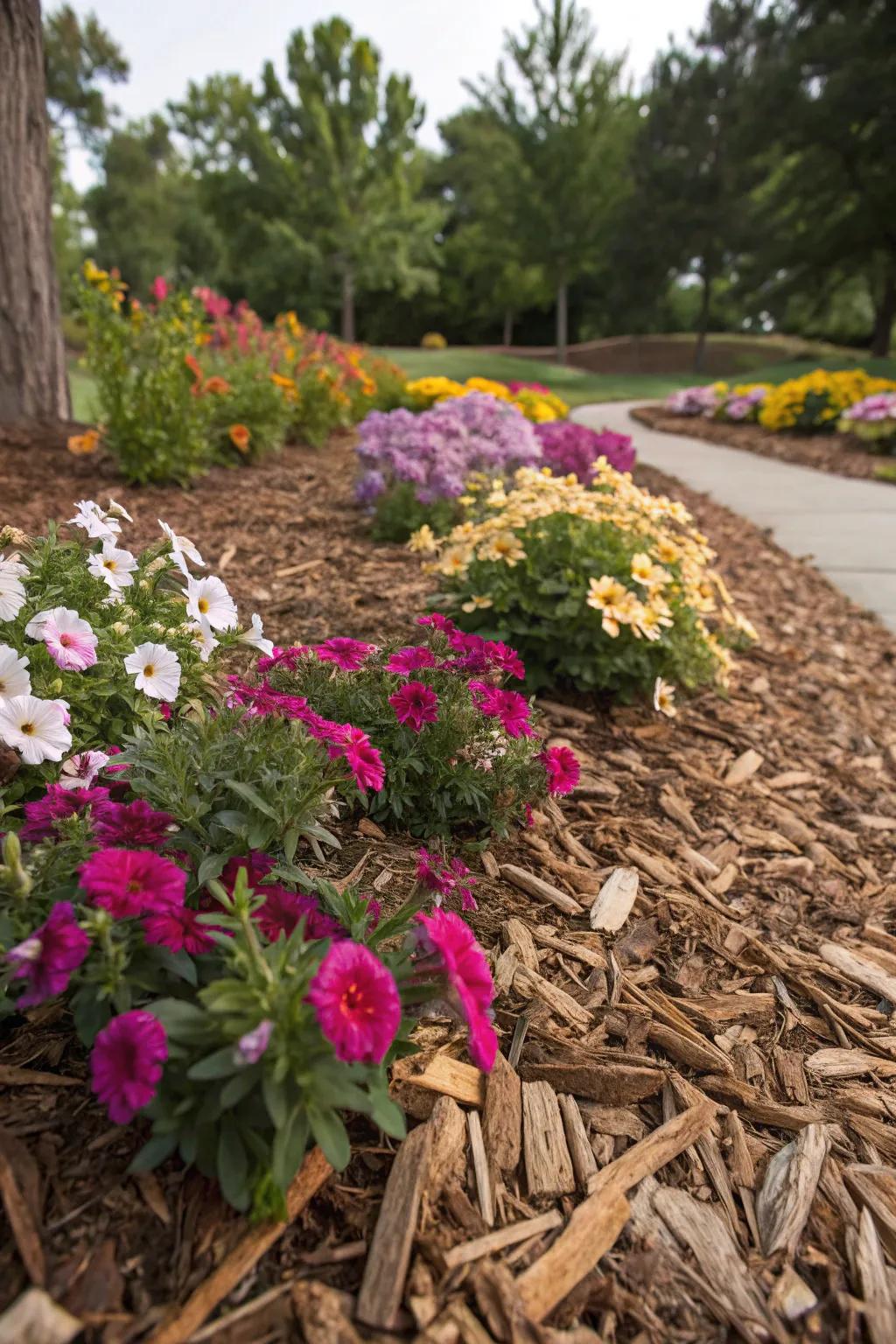 Wood chips add texture and visual interest to flower beds.
