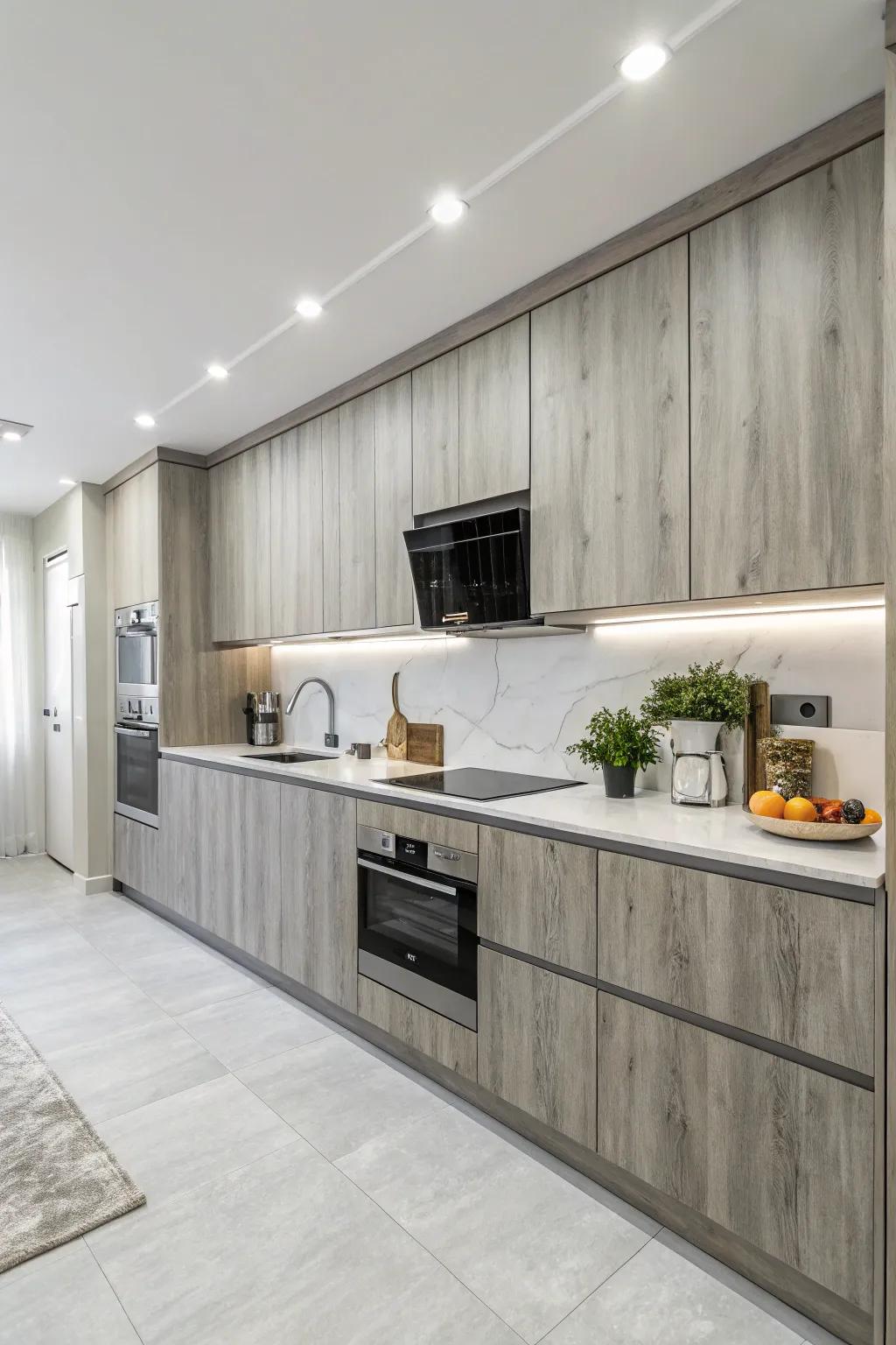 Gray-washed wood brings a modern twist to classic wood cabinets.