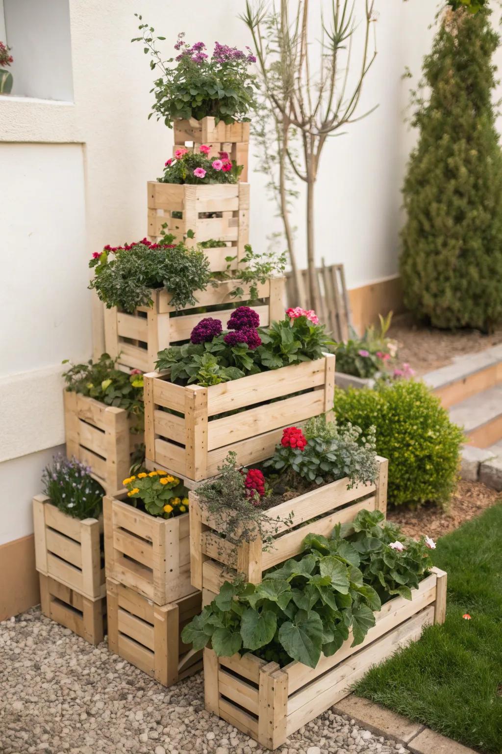 Transform your garden with stunning tiered crate arrangements that blend Scandinavian minimalism with bohemian charm.