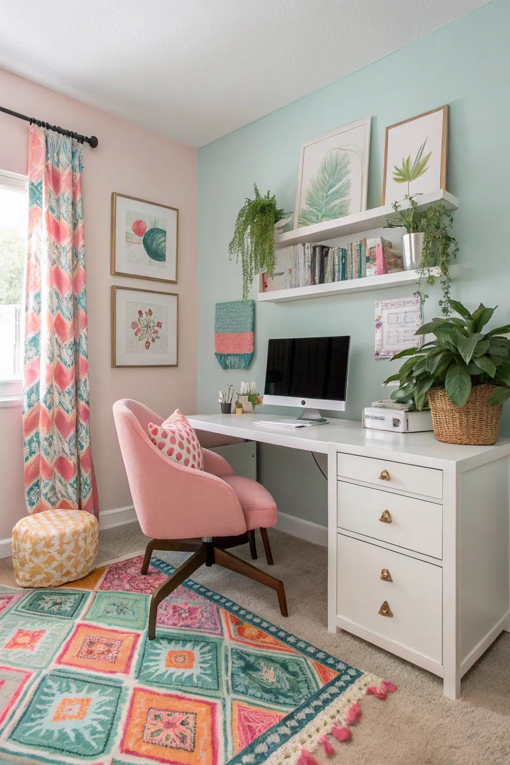A soothing color theme accented with bold touches for a personalized workspace.
