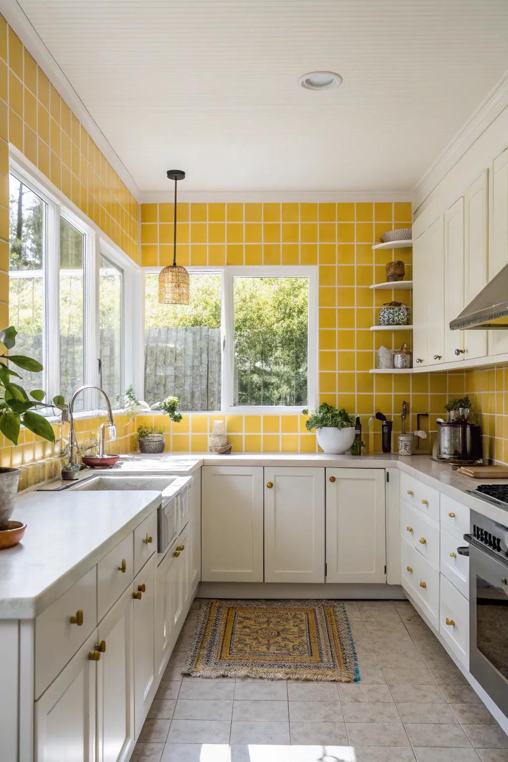 A full wall of yellow tiles makes a bold and bright statement.