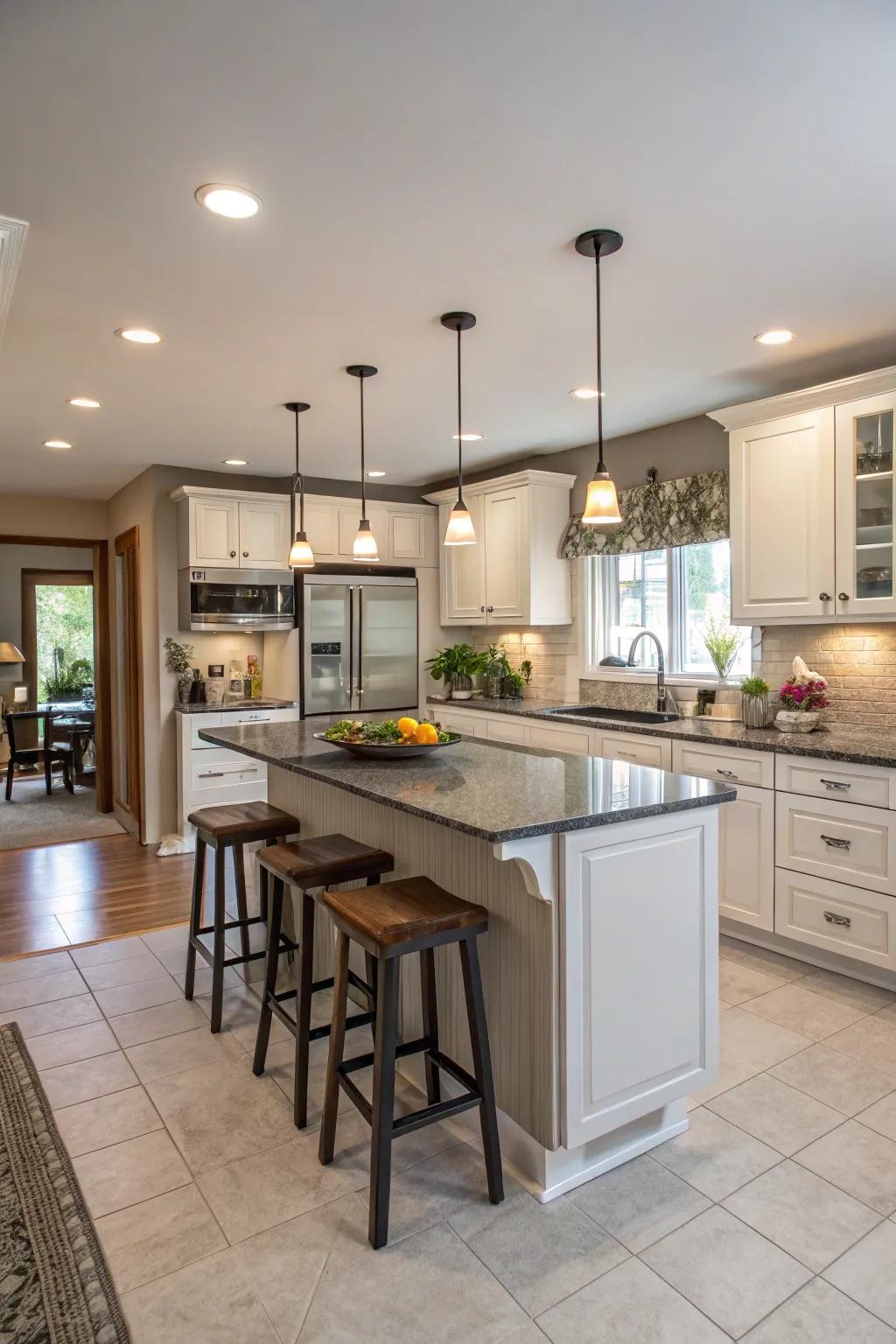 A breakfast peninsula enhances seating and functionality.