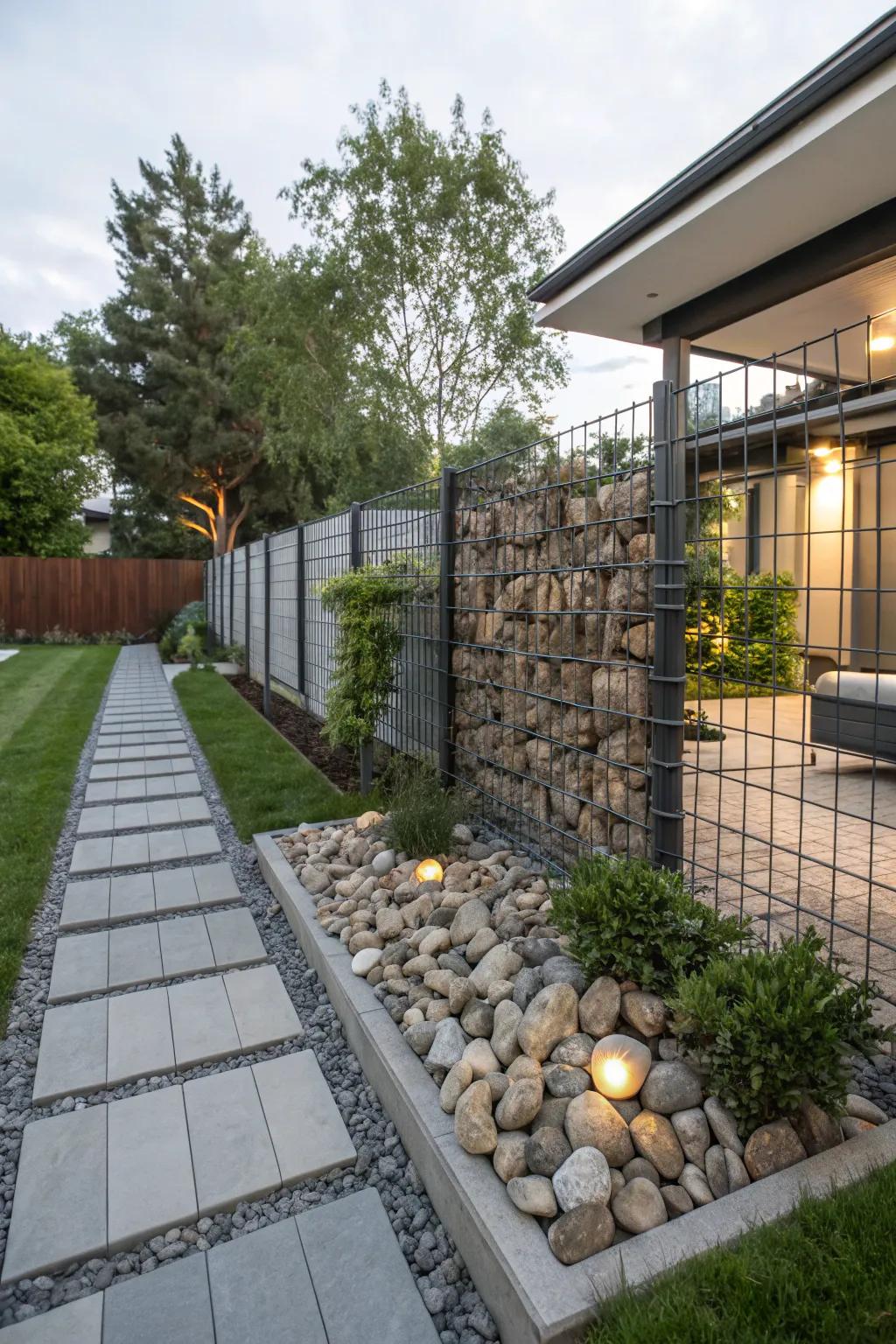 Gabion walls offer a sturdy and modern fencing option.