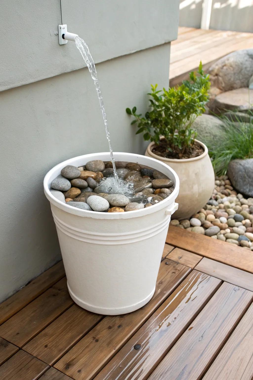 Transform your garden with a serene bucket water feature – simplicity meets elegance.