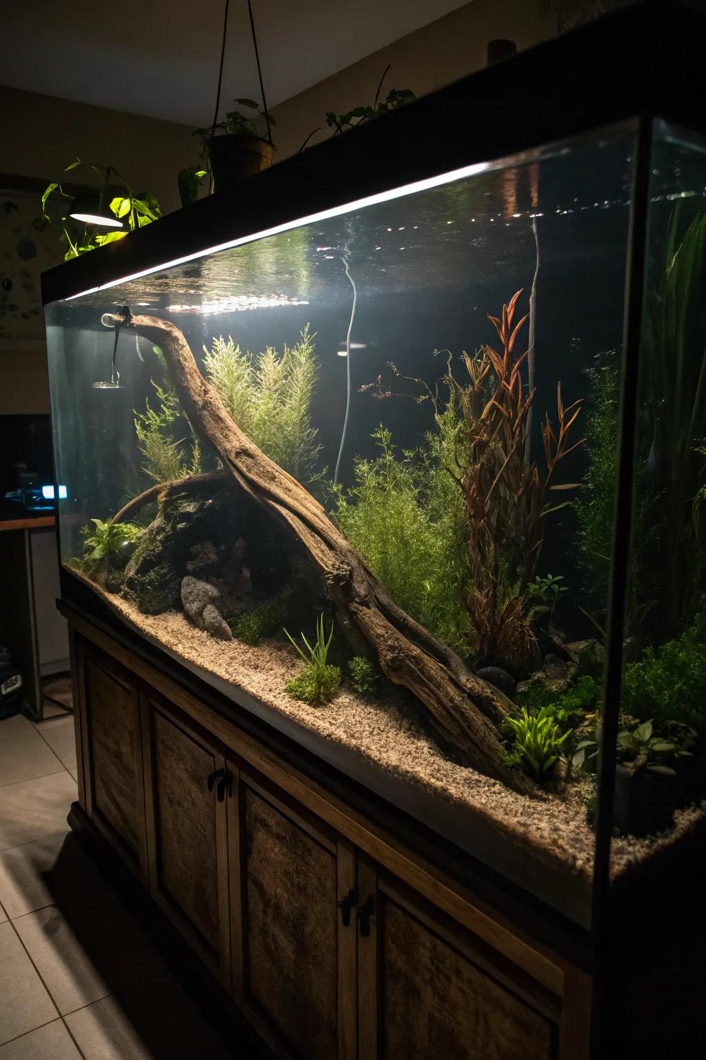An enigmatic blackwater aquarium that intrigues with its mysterious allure.