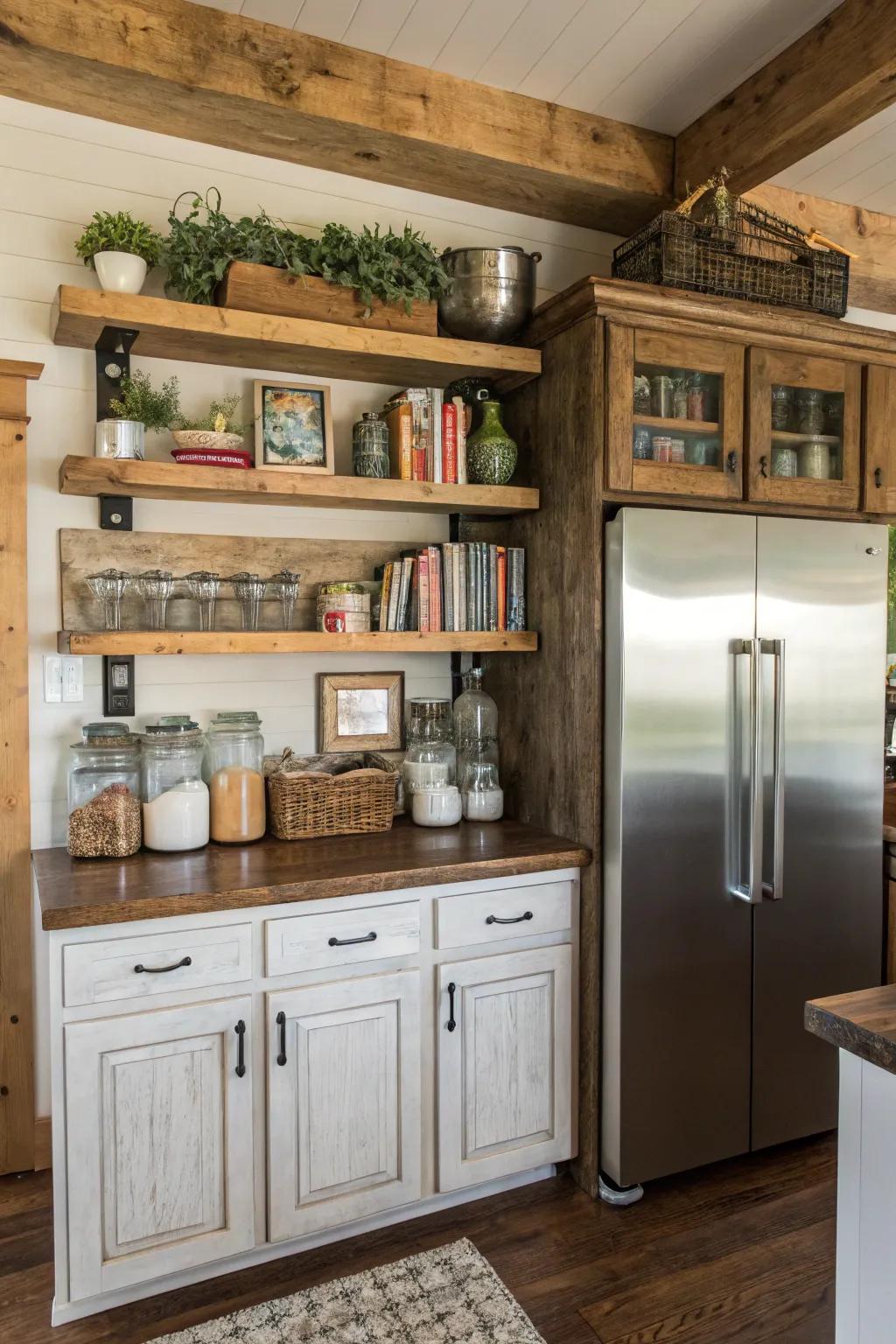 Rustic shelves add charm and function above the fridge.