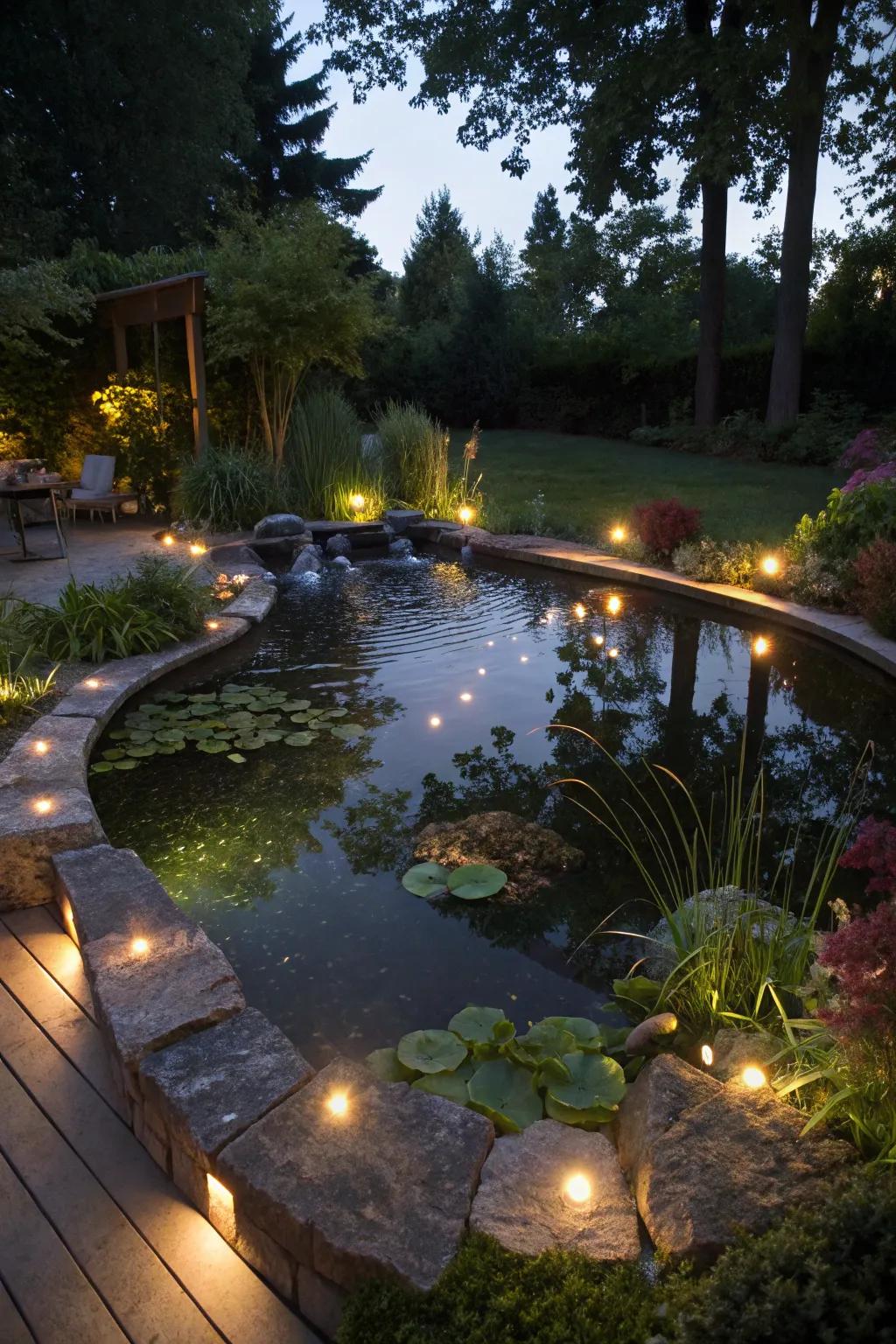 Enchanting lights bring this above-ground pond to life at night.