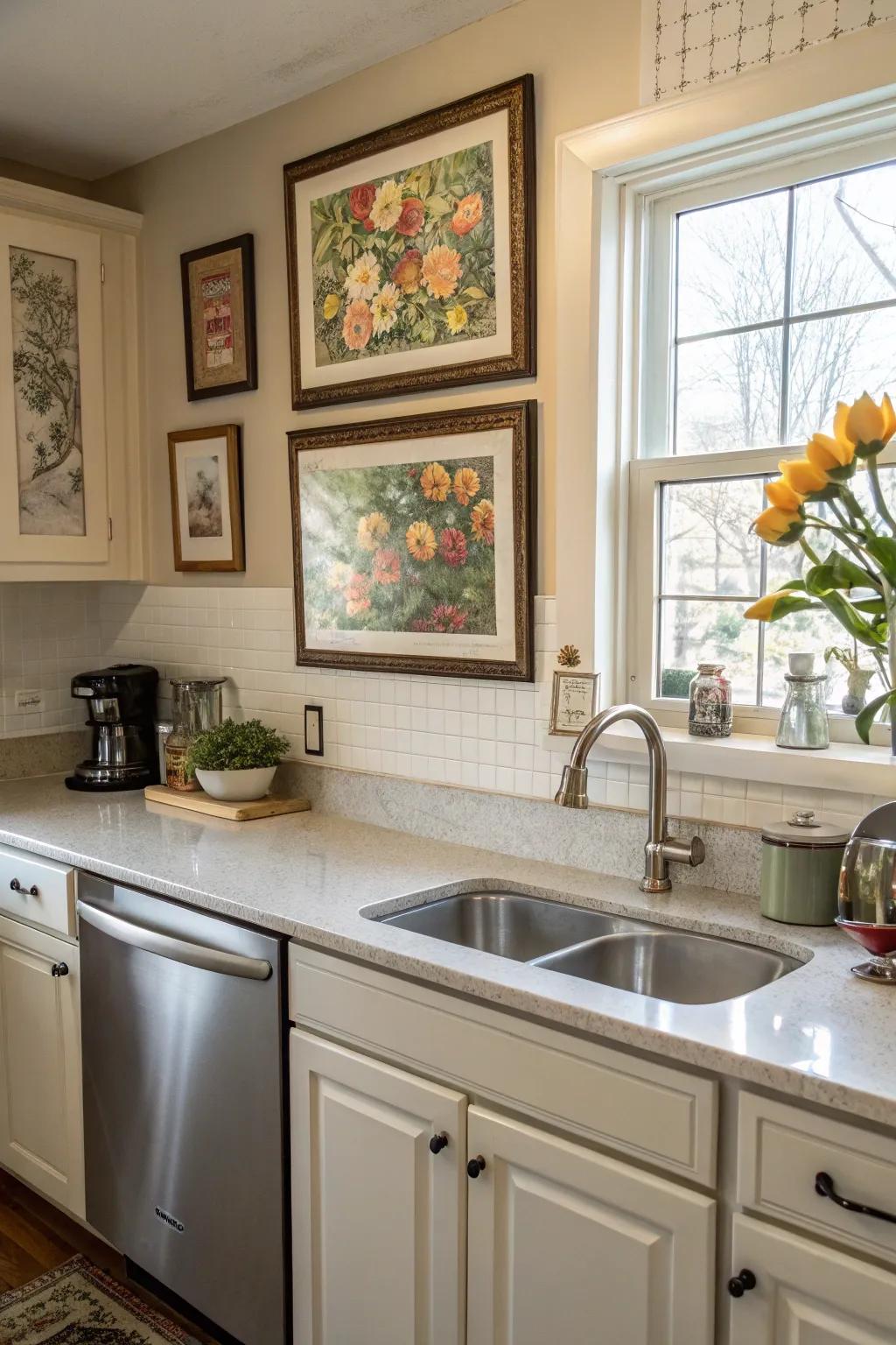 Artwork personalizes and enhances the kitchen ambiance.