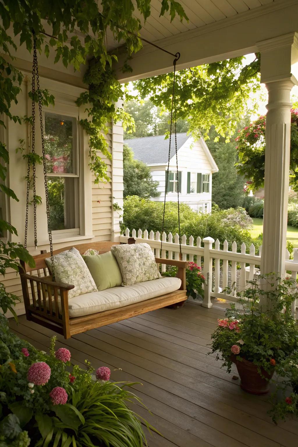 A welcoming porch swing perfect for relaxation.