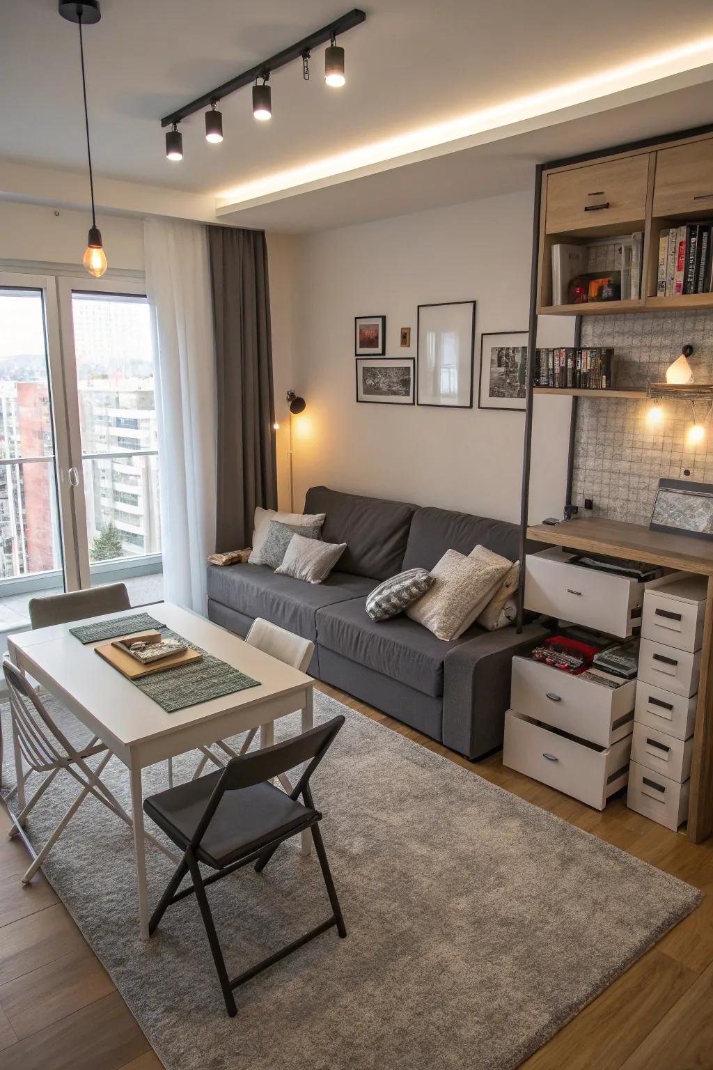 Smart use of space with multi-functional furniture in a small living room.